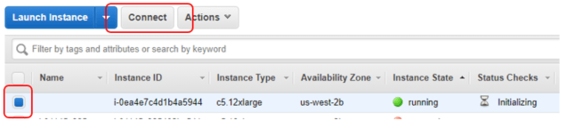 6. On the AWS console, you can find your instance running. Proceed to connect to it.