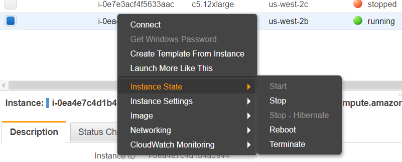 Don’t forget to disconnect your AWS session after your experiments to avoid incurring additional charges. Go to the AWS console, right click on the running instance and click Stop.