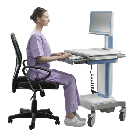 The AMiS-50 computerized medical cart offers electrical adjustment of the table height.