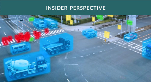 Conceptual image of a busy city crosswalk that has pedestrians, vehicles, and street signs highlighted in different colors.