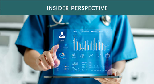 Healthcare professional interacting with a holographic interface displaying patient data projecting up from a smart tablet.